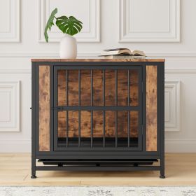 Dog Crate Furniture, Wooden Dog Crate Table, 27.48" Dog Kennel with 2 Sliding Doors and Thick Iron Door Frame, Decorative Pet Crate House for Small Do