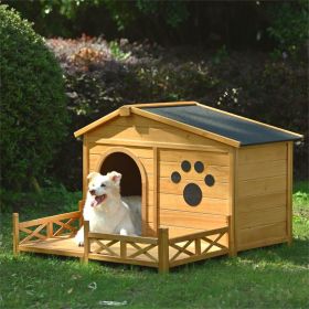 48" Wooden Dog House Outdoor with Porch, Dog Kennel with Water-Resistant Asphalt Roof and Fencing,Indoor & Outdoor Dog Crate with Paw Print, Medium, N