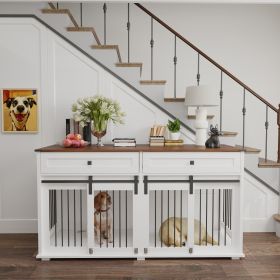63'' Large Dog Crate Furniture for Double Dog, Wooden Dog Kennel with 2 Drawers,Divider and Sliding Door, Water Resistant Indoor Pets Furniture Style