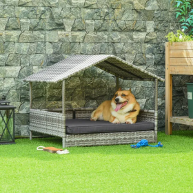 PawHut Elevated Wicker Dog House Indoor Outdoor Raised Rattan Bed Charcoal Grey Removable Cushion