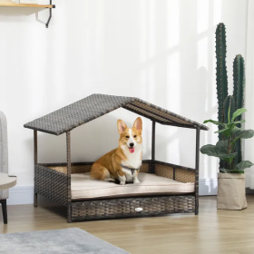 Elevated Covered Wicker Dog Bed (Color2: Dark Brown/Khaki)