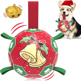 Dog Fetch Toys - 8" Soccer Ball with Straps (Color2: Christmas (Bells))