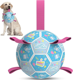 Dog Fetch Toys - 8" Soccer Ball with Straps (Color2: Happy Birthday (Blue))