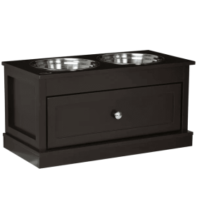Large Elevated Dog Bowls with Storage Drawer (Color: Brown)
