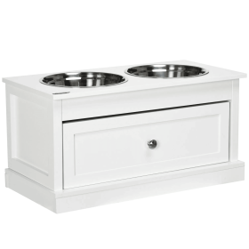 Large Elevated Dog Bowls with Storage Drawer (Color: White)