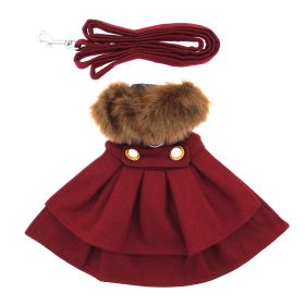 Wool Fur-Trimmed Dog Coat with Leash - Burgundy (Color: Burgundy, Size: Small)