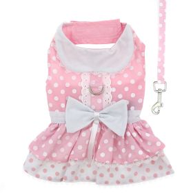 Polka Dot and Lace Dog Dress Set with Leash - Pink (Size: Small)