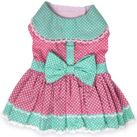 Polka Dot and Lace Dog Dress Set with Leash - Pink and Teal (Size: Small)