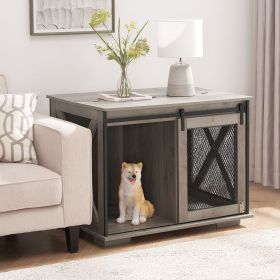 Furniture Dog Crate with Sliding Barn Door (Material: MDF+Metal, Color: Gray Wash)